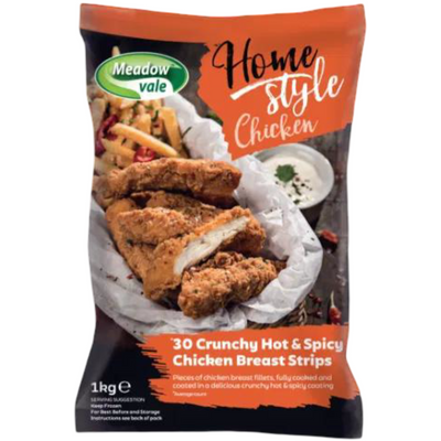 Meadowvale Homestyle 30 Crunchy Hot & Spicy Chicken Breast Strips 1kg